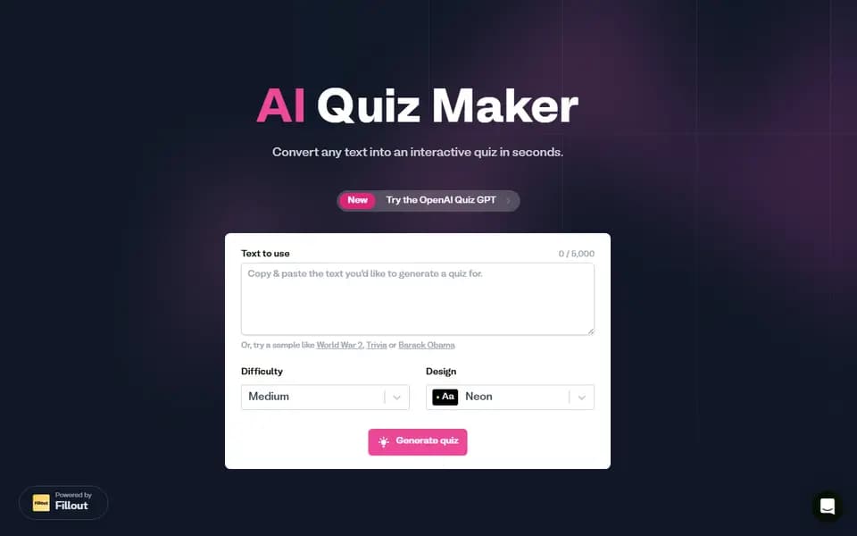 Fillout AI Quiz Maker homepage
