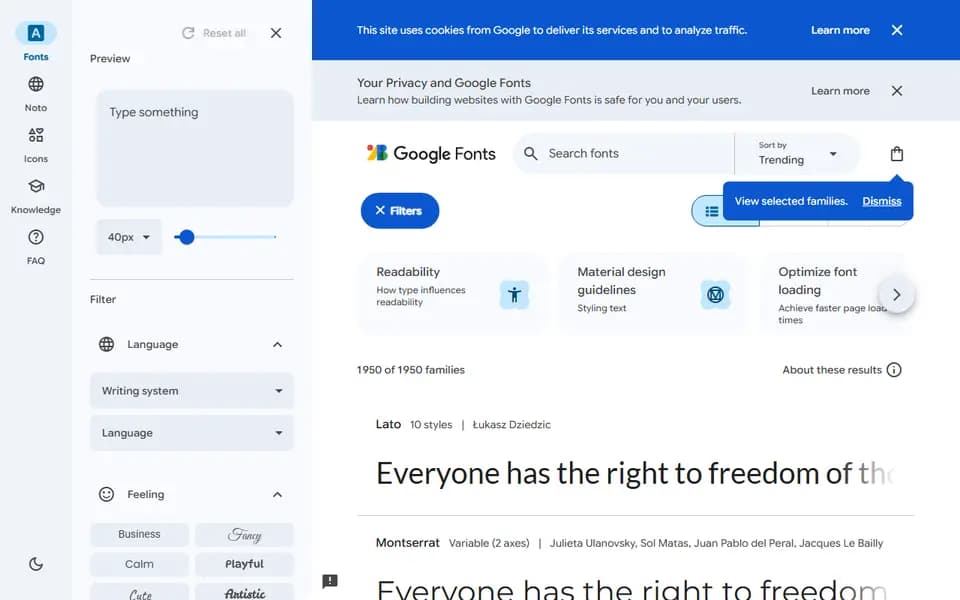 Google Fonts homepage
