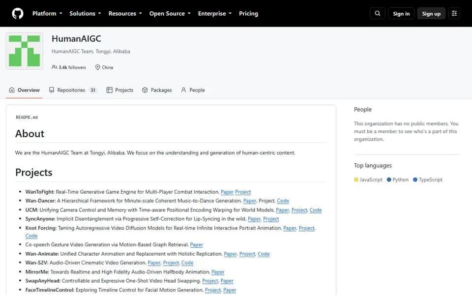 HumanAIGC (Alibaba) homepage