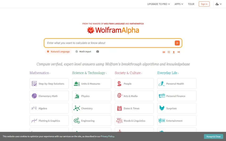 WolframAlpha homepage